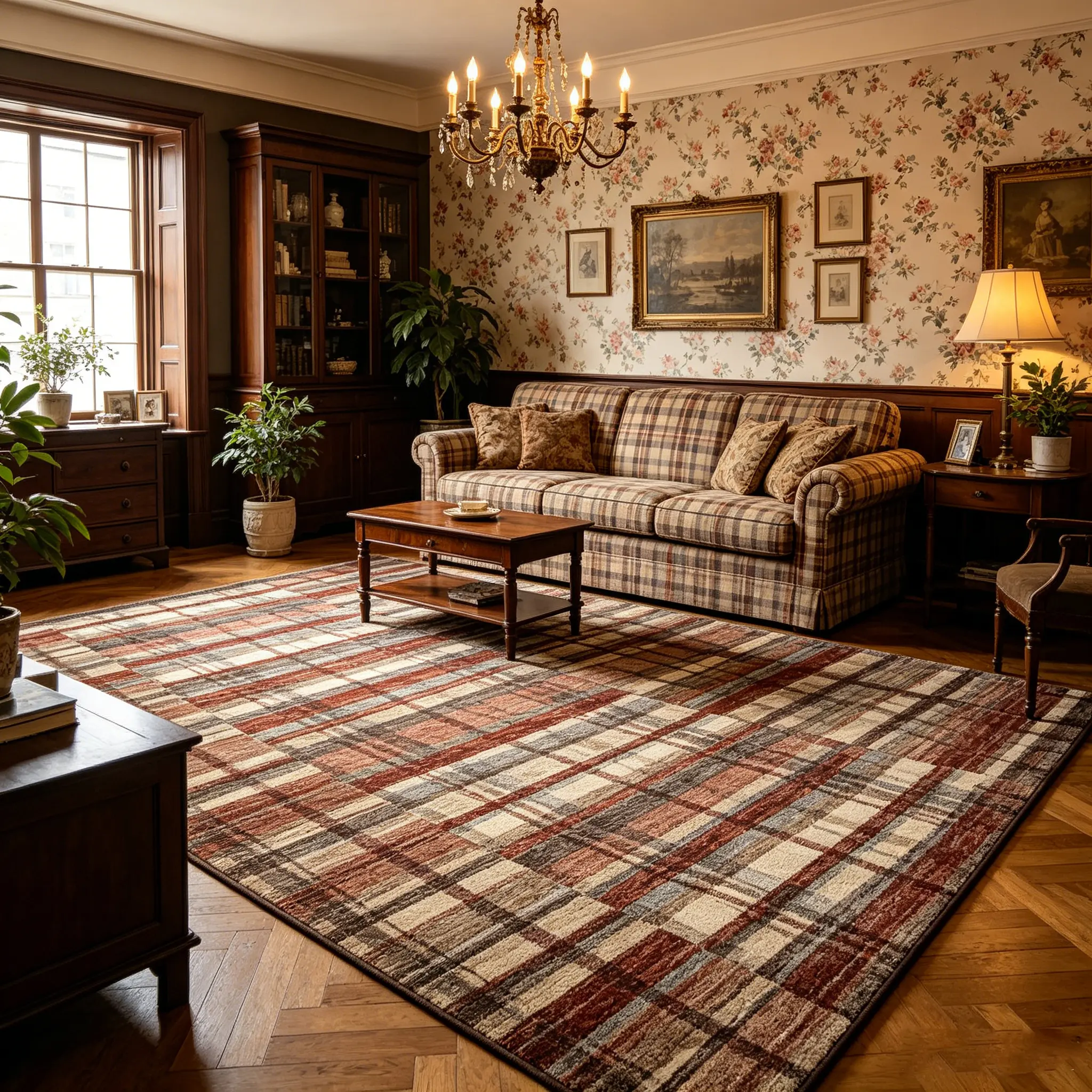 Vintage British Tartan Plaid Thin Low Pile Area Rug Non Slip Machine Washable Soft Patchwork Pattern Carpet Durable Pet Friendly Stain Resistant Indoor Mat for Living Room Bedroom Kitchen Farmhouse Hallway Apartment Office Dining Room