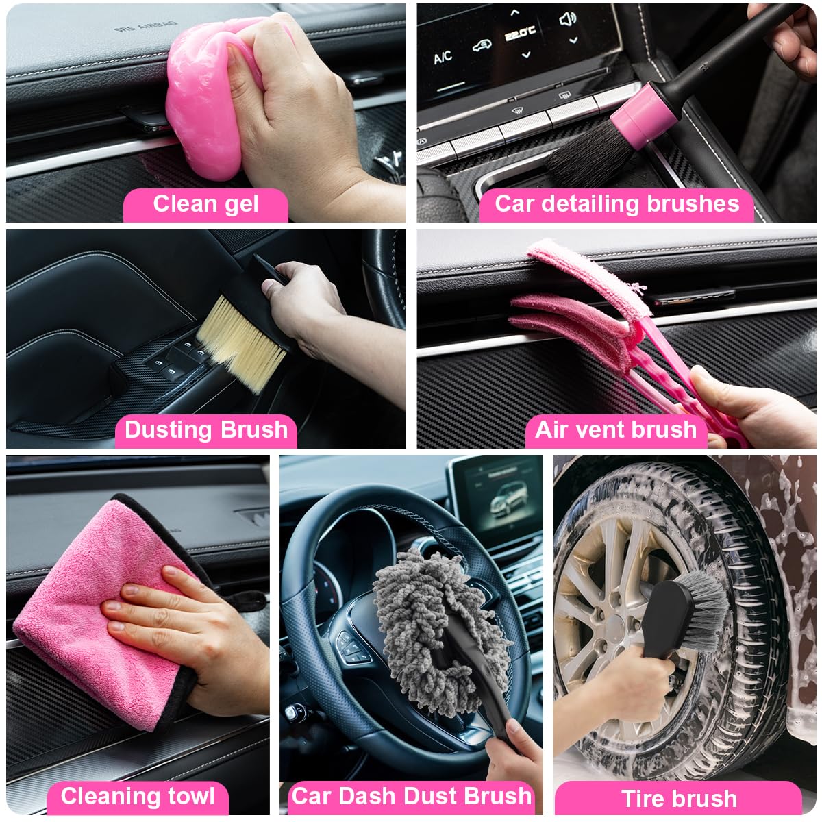 Car Vacuum Cordless Rechargeable, 8000PA High Power Handheld Vacuum Cleaner with 17PCS Car Cleaning Kit, Pink Auto Accessories for Women Gift