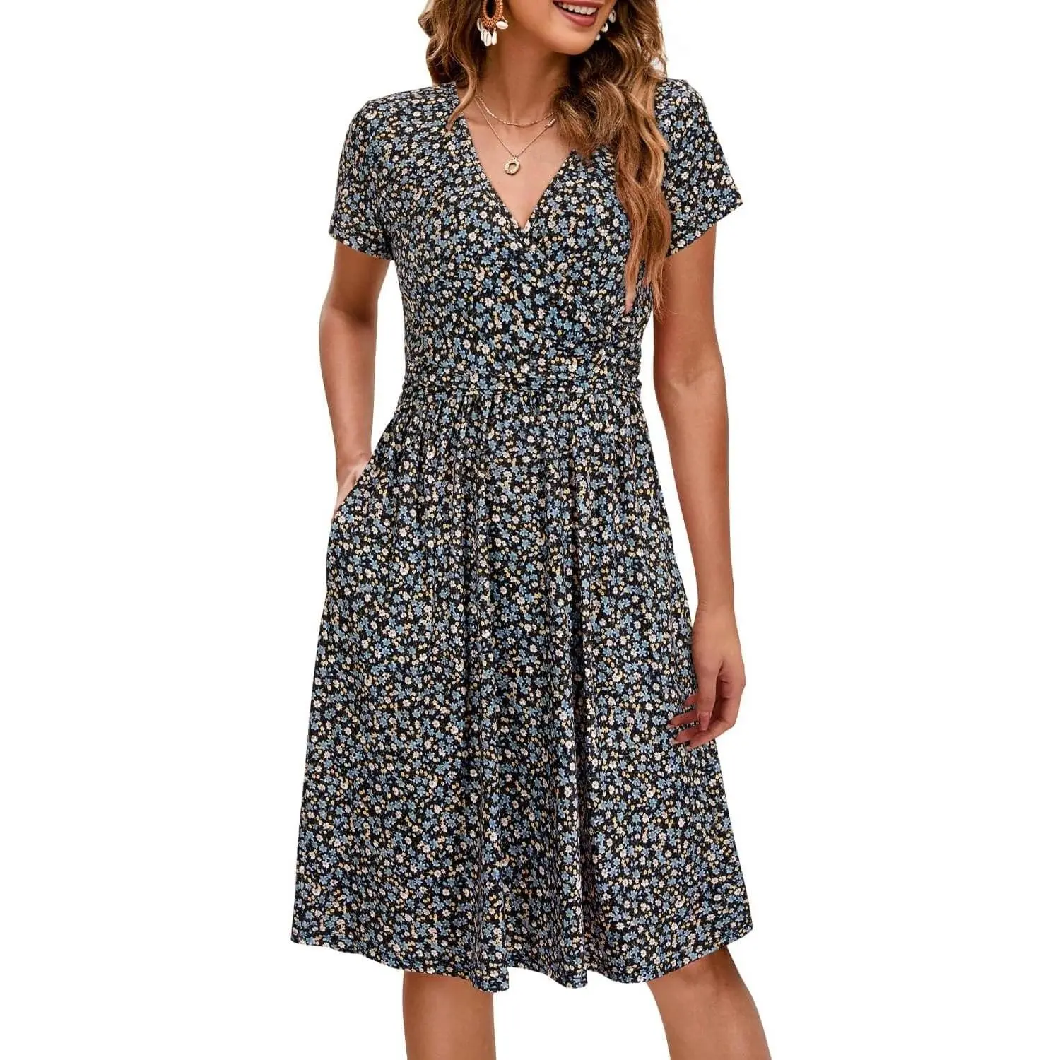 Women's Wrap V Neck Summer Casual Maternity Nursing Dress | Soft Stretchy Fabric, Discreet Nursing, Side Pockets, Relaxed Fit, Bump-Friendly, Baby Shower, Daily Wear, Postpartum