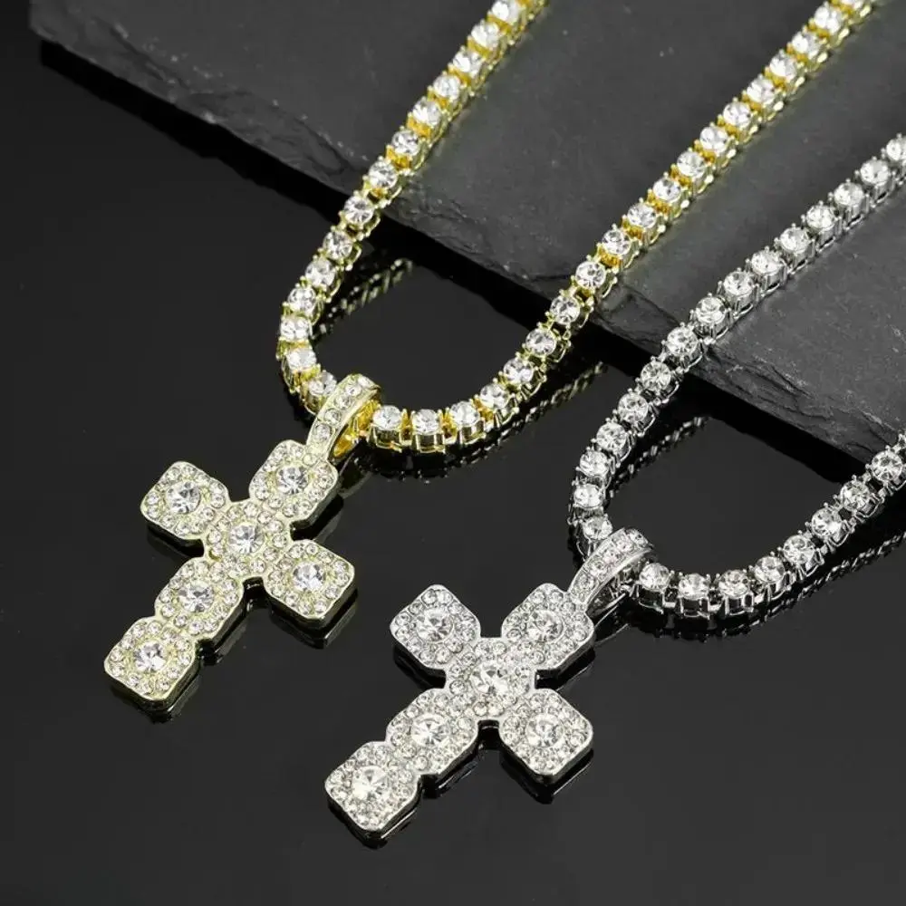 2026 New Iced Out Cross Pendant Necklace, 4mm Rhinestone Tennis Chain Sparkling Hip Hop Punk Jewelry Unisex Gift for Men Women, Chain Jewelry Necklaces, Rhinestone Finish Necklaces