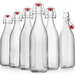 Swing Top Glass Bottles [1 Liter / 33 fl. oz.] [Pack of 6] – Flip Top Coquito Bottles for Kombucha, Fermentation, Beer, Kefir, Wine – Airtight Stopper Lids with Extra Gaskets, Funnel, Labels & More