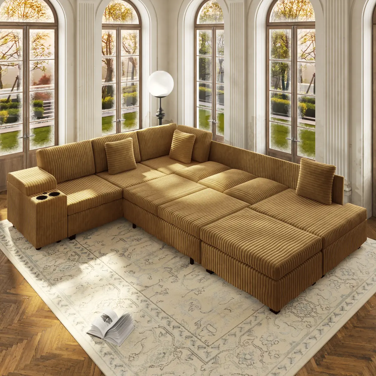 Aobtkel 110.2in L-Shaped Corner Layout Plush Corduroy Fabric Sectional Sofa - Pull-Out Sleeper Bed, Removable Ottoman, Hidden Armrest Storage, USB Type-C Ports, Cup Holders, Multiple Seats for Living Room Apartment (Dark Gray, Beige, Camel)