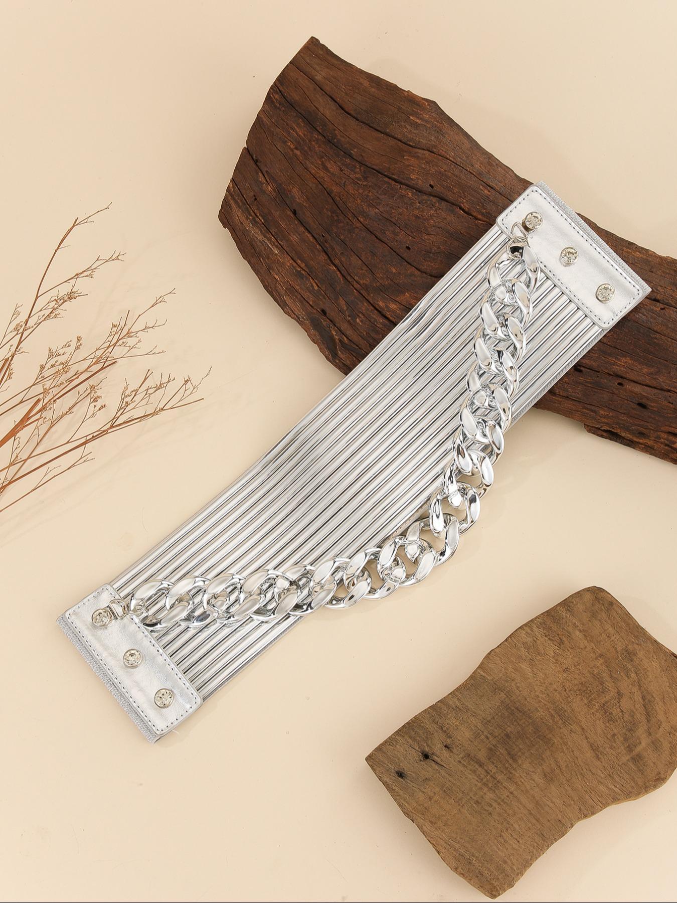 Women's Fashion Chain Decorated PU Leather Wide Belt, Casual Waistband for Jeans, Fashion Belt for Party, Daily Clothing Decor, Trendy All-match & Exquisite Belt for Gift, Chain Belts