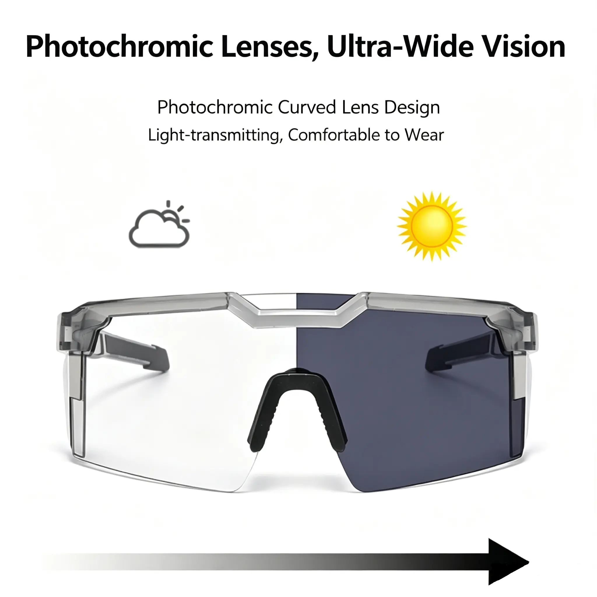 Oversized Photochromic Cycling Glasses - UV Protection, Windproof Goggles, Accessories for Bicycle, for Men & Women Outdoor Sports