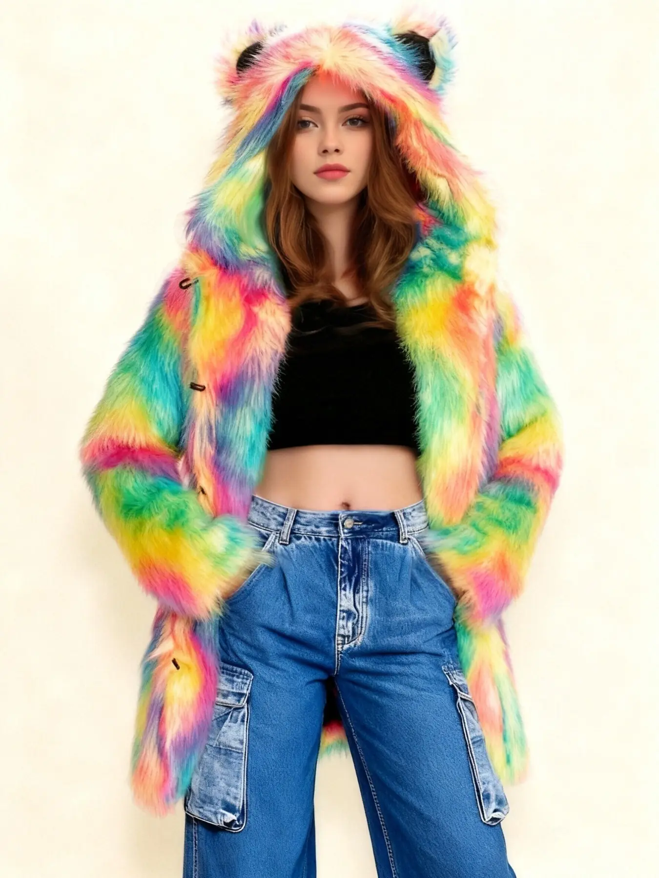 Women's Colorful Faux Fur Medium‑Length Hooded Coat, Puffy Outerwear, Fall Winter Trendy Streetwear for Party & Night Out