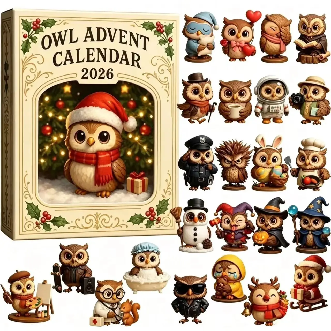 Owl Christmas Countdown Calendar, 24-Day Holiday Count Down Gift Box, Cute Owl Theme Surprise Gift, Perfect for Animal Lovers
