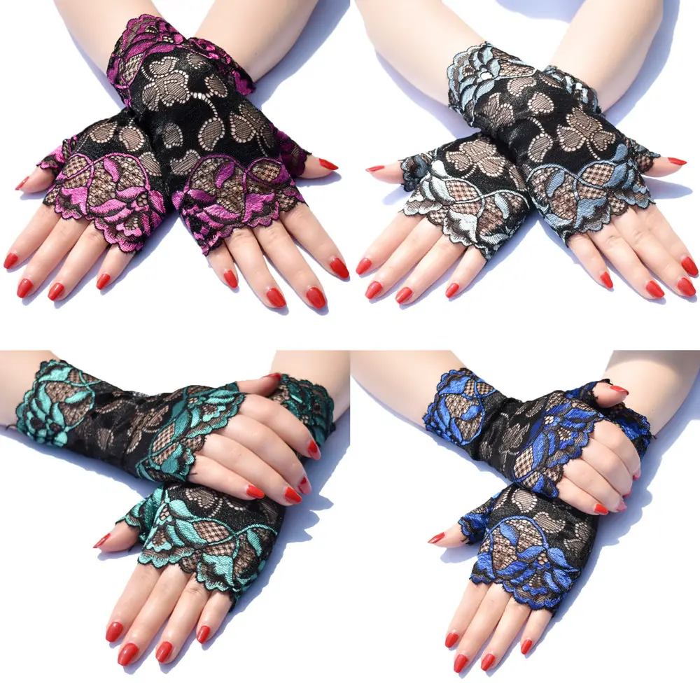 Women's Summer UV Protection Half-Finger Gloves, Lightweight Dual-Color Lace Design, Anti-UV Cycling Gloves, Sheer Gloves for Dance Performance