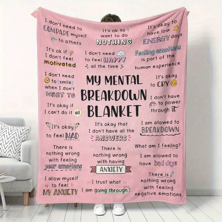 Mental Breakdown Blanket - Modern White Flannel, 100% Polyester, Machine Washable, Digital Printing, Tear-Resistant, 4 Seasons Use, Home Decor Bedding & Linens, Ideal for Bed/Sofa, Perfect Gift for Family/Sisters