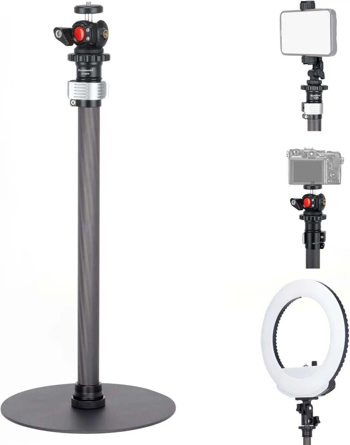 Tripod Stand Extendable Monopod Carbon Fiber Pole wiht Round Base for Desk, 360° Rotatable Ballhead Tabletop Webcam Stand for DSLR Camera, Light, Webcam, Live Streaming, Vlogging