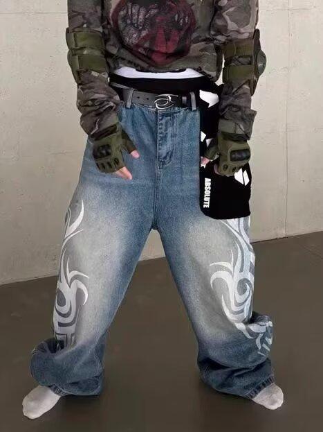 Men's Blade Totem Print Jeans, American Vintage Washed Distressed Denim, Loose Straight Wide-Leg Pants, Floor-Length Trousers