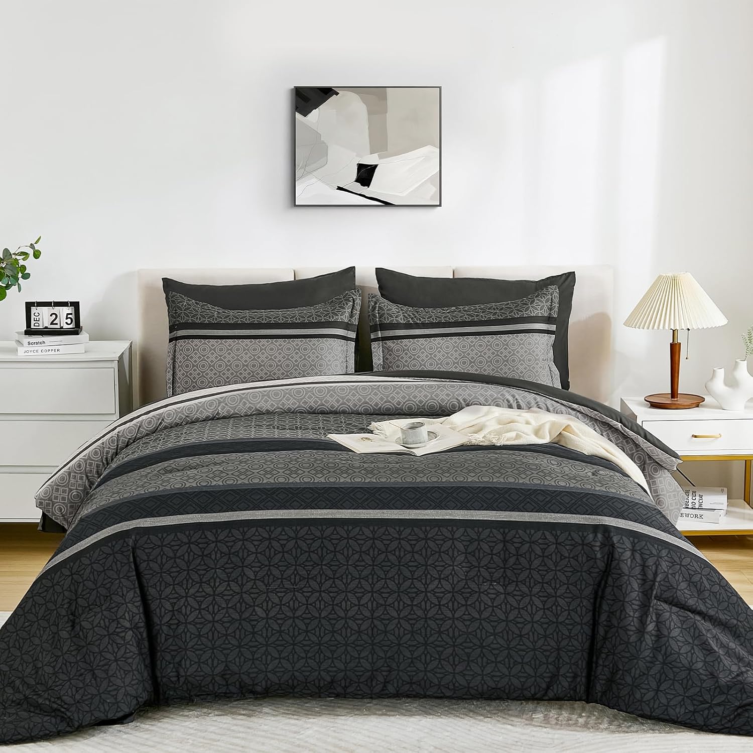 7 count Comforter Set  Size, Dark Grey Black Striped Bed in a Bag Comforter and Sheet Set, Bohemian Soft Lightweight Micorfiber  Set for  Season (90"90")