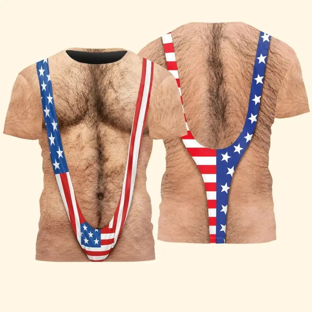 Men's Short-Sleeve Sports T-Shirt - Funny 3D Hairy Body Design, Personalized Patriotic Style, Novelty Independence Day Gift