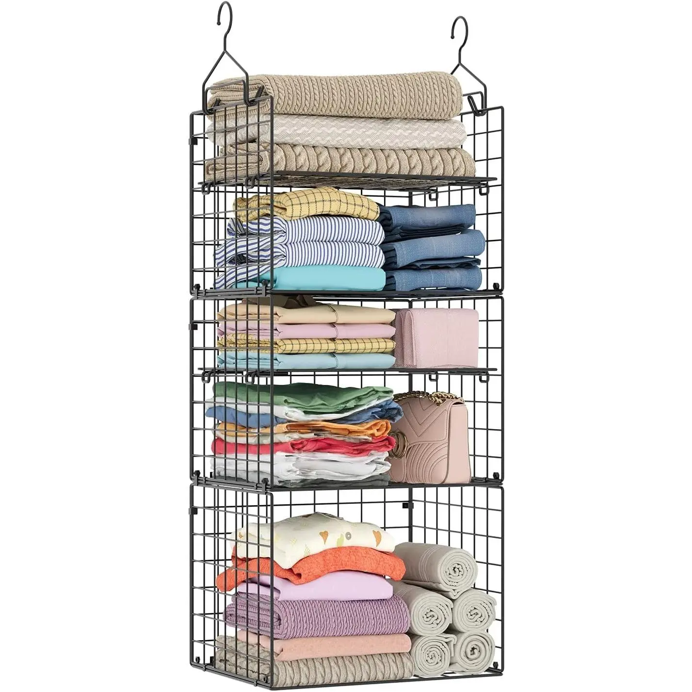 X-cosrack Closet Hanging Organizer Shelves - 5 Tier Wardrobe Organizers and Storage Bin, Hanging Organizer Shelves, Clothes Shelf with Adjustable Dividers for Bedroom Closet Sweater Shoes Handbag