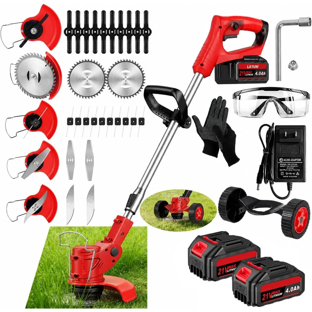 Cordless Weed Trimmer,  with ,2×21V 4.0Ah Electric Weed Eater Brush  with 4 Types , Adjustable  Angle &Height Edger Lawn Tool for Garden and Yard (red)