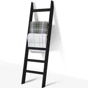 6-Tier Blanket Ladder  Living Room and Bedroom,5.4 Ft Wall Leaning Quilt Rack with Hooks,Rustic Decorative Farmhouse Blanket Storage,Stylish Ladder Holder,Christmas Decorations,Black