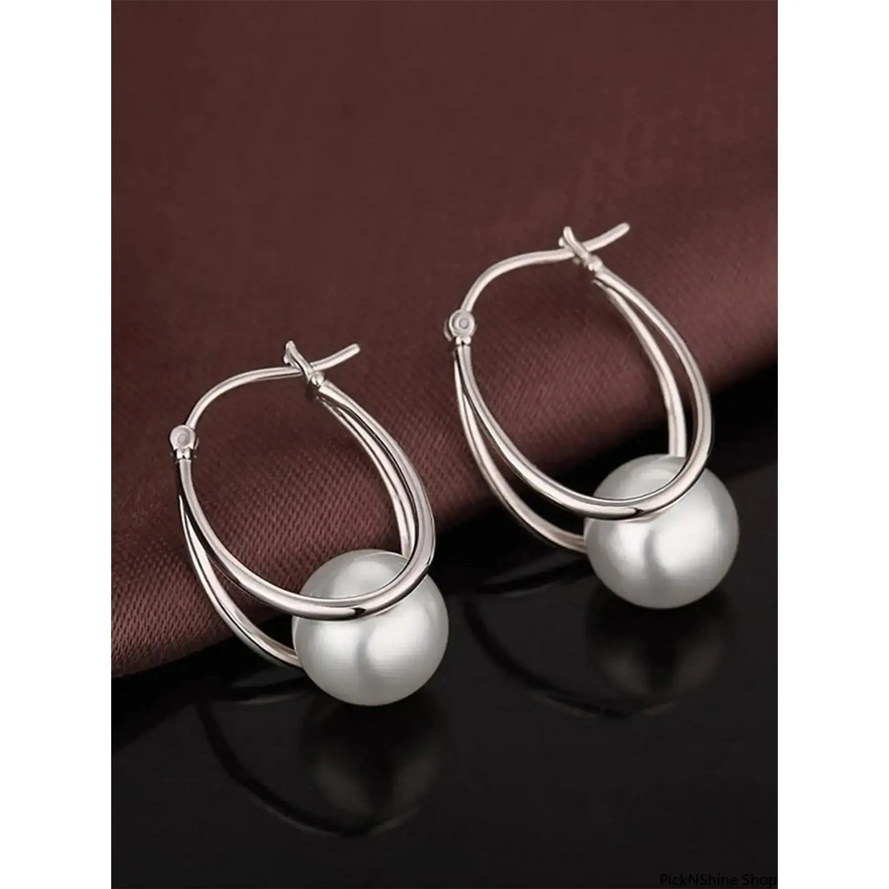 Silver-Tone Double Pearl Hoop Earrings - Faux Pearl Jewelry, Minimalist Metal Drops, Durable Lightweight Copper Base One-Size Jewelry, Everyday Wear, Thoughtful Gift for Adults, Anniversary Birthday, Pearl Hoops