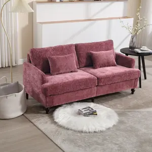 Mid Century Loveseat sofa Modern 2-Seat Couch chenille Fabric Upholstered Loveseat Sofa Modern Couch for Living Room,Brown wood feet sofa for Bedroom, Reading (Wine red Chenille)