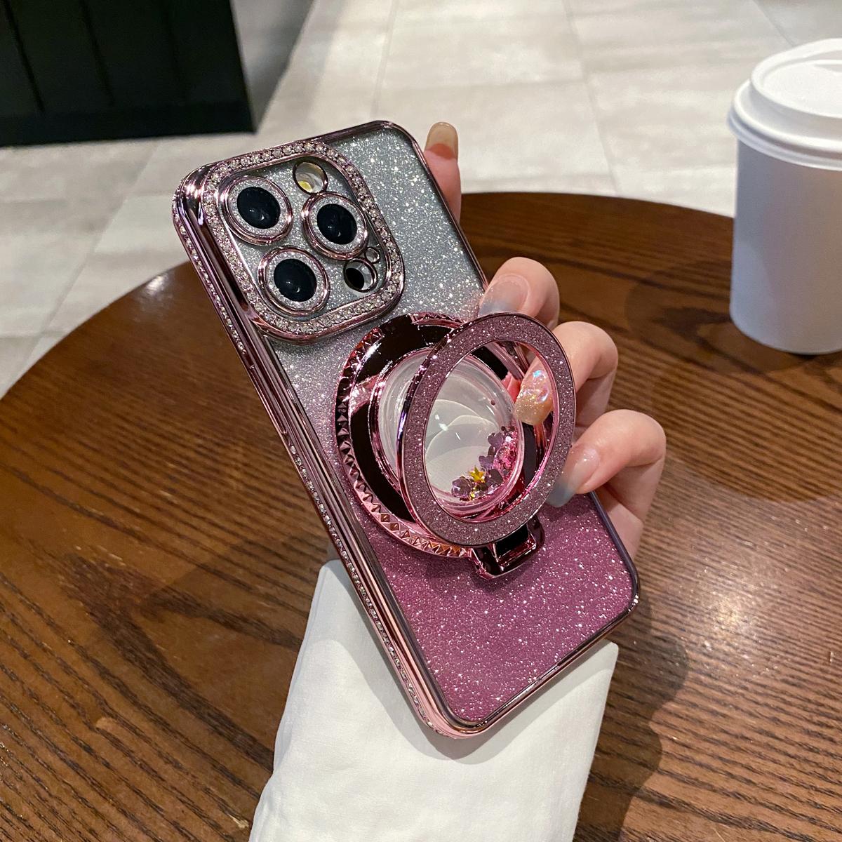 OREKROY Glitter Kickstand Case for iPhone 16 15 Pro Max 16 Plus 15/14/13/12, Luxury Bling Sparkly Diamond Rhinestones with Camera Protector Liquid Flowing Ring Stand TPU Bumper Women Girls Case Gift