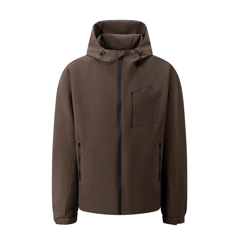 Men's Waterproof Soft Shell Hooded Jacket, Windproof Outdoor Hiking Windbreaker with Geometric Pocket, Casual Streetwear