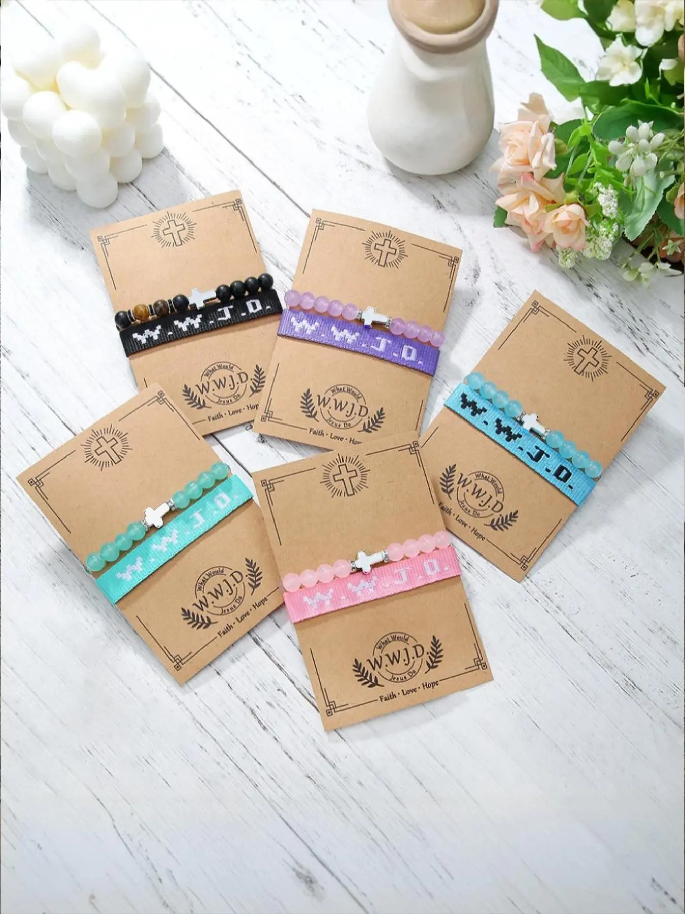 The WWJD letter bracelet+turquoise cross faith bracelet 2-piece set Bracelet Jewelry Sets is suitable for daily wear, vacation dates, and other occasions, and is also a surprising and exquisite small gift