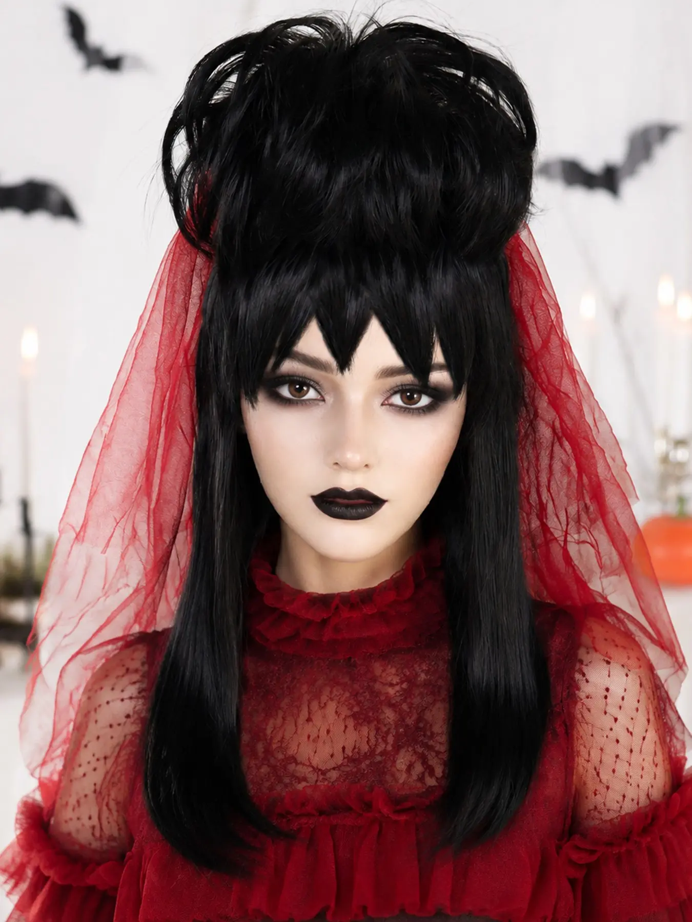 Tall Updo Long Straight Costume Wig, Tulle Veil & Hair Clips, Gothic Bride Halloween Cosplay, Synthetic Hair Wig for Parties