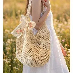 Women's Summer Crochet Shoulder Bag - Large Capacity Boho Knitted Tote with Floral Bow, Y2K Effortless Chic Slouchy Purse for Beach Vacation, Farmers Market & Picnic