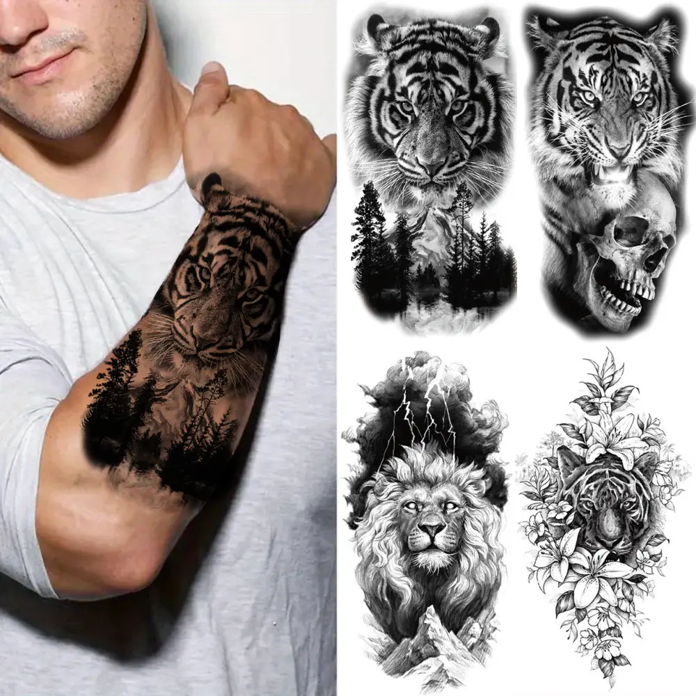 4 Sheets Tiger Temporary Tattoos for Men and Women Realistic Compass Tiger Fake Tattoo Forearm Tattoo Stickers，Can Be Used on Arms, Wrists, Shoulders, Legs, Waist, Neck, Hands, Chest, Thighs, Suitable for Women and Men