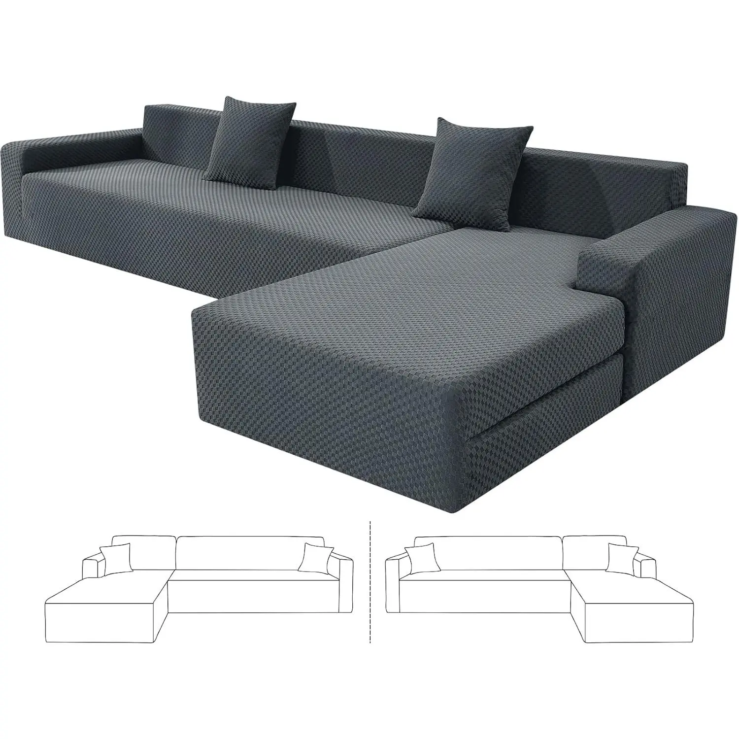 Sectional Couch Covers, Stretch Slipcovers with Elastic Bottom for L-Shape Sectional Sofa, 2 Pcs Pet Friendly Modular Sofa Protector (3 Seat Couch + 3 Seat Chaise, Dark Grey)