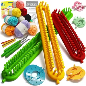 Upgraded Adjustable-Pegs Loom Knitting Kit (Pre-Installed Pegs), 2-in-1 Knitting Loom Set Quick Crochet Loom with 12 Yarn & Instructions & Pom Pom Maker, Scarf Loom Crochet Kit for Beginners
