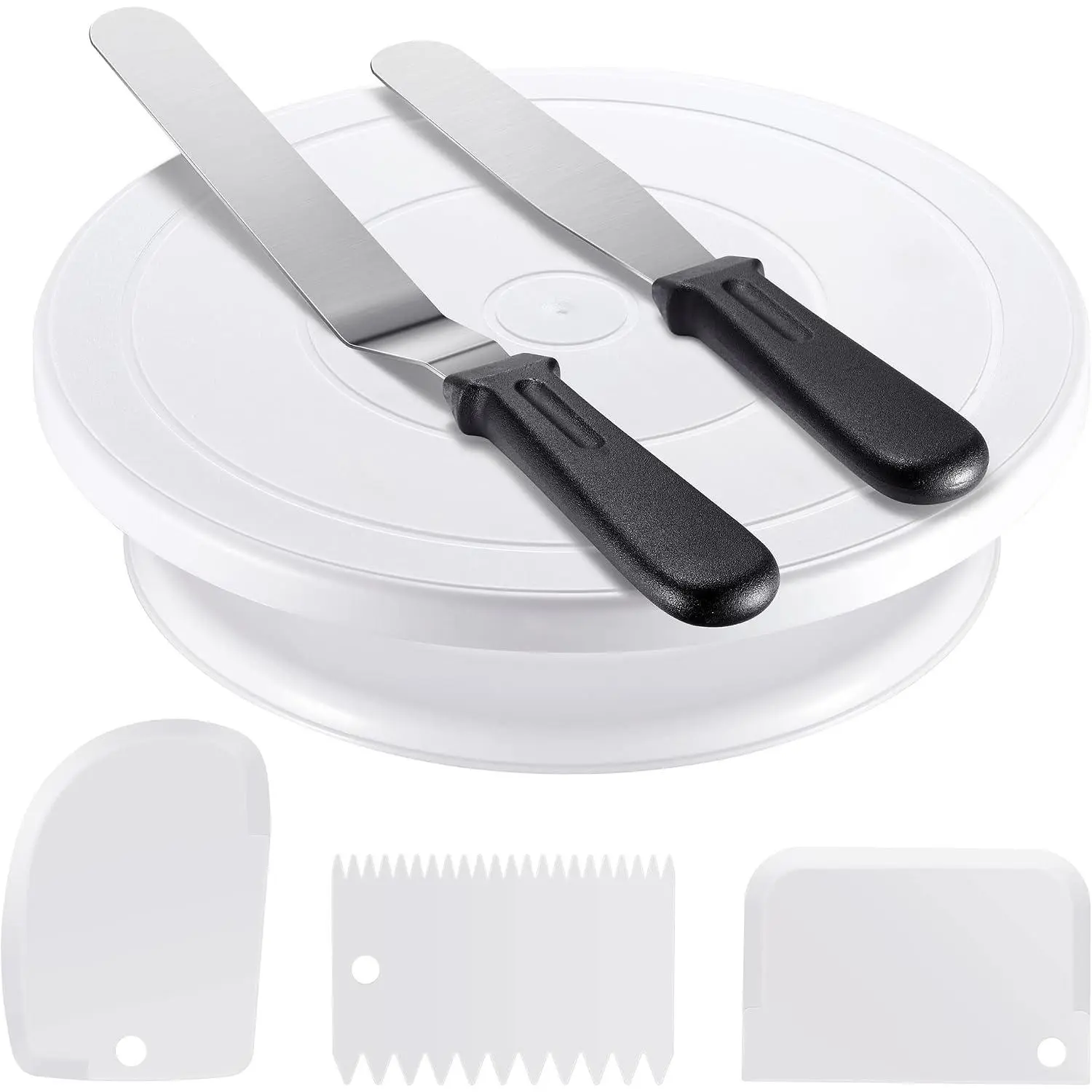 Stainless Steel White Cake Decorating Kit - Baking Supplies Set with 11in Ball Bearing Spin Turntable, 2 Frosting Spatulas (Straight, Angled), 3 Icing Scrapers for Beginners, Layer Cakes, 11" Diameter
