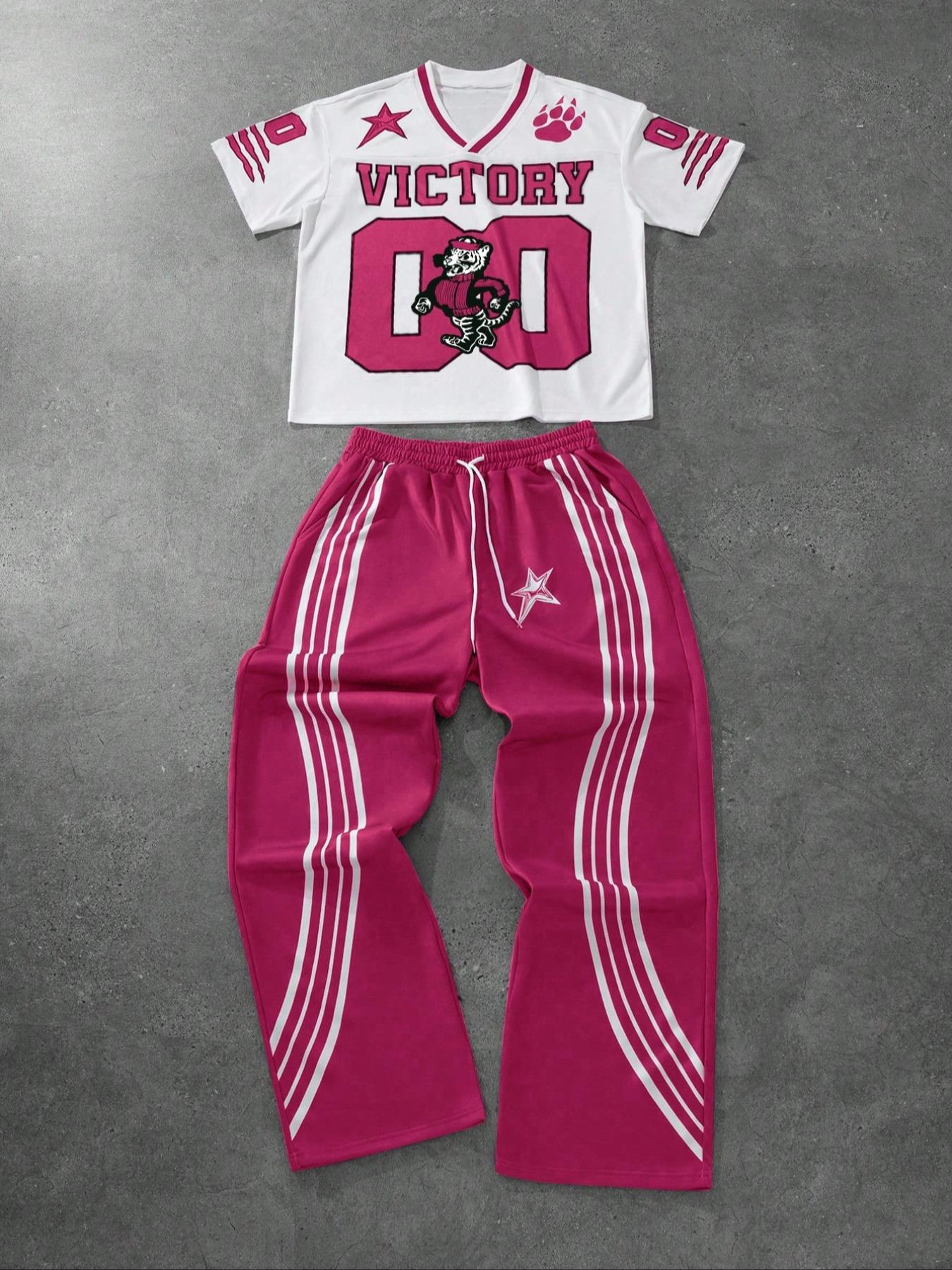 Men's Letter & Star Print Tee & Striped Trim Pants Pyjama Two-piece Set, Men's Sleepwear for Summer