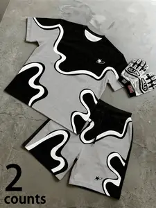 Men's 2-Piece Y2K Wavy Color Block Tracksuit, Star Logo T-Shirt & Drawstring Shorts, For Daily Sports, Outings And Streetwear