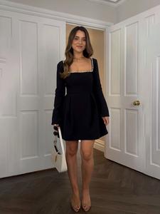 women's faux pearl decor square neck plicated a line dress, elegant long sleeve zipper back short dress for party wedding guest, ladies spring & fall clothes, casual wear, wedding guest dress, classy dresses, womenswear