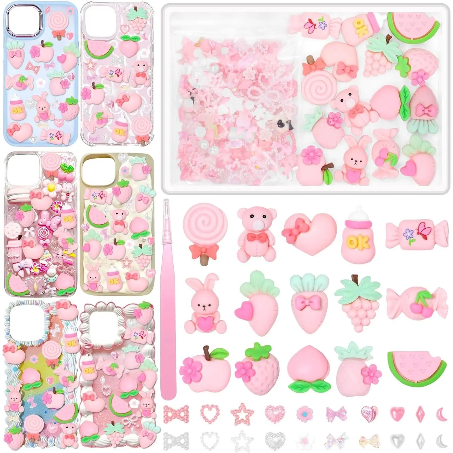 Bear Candy Lollipop Big Charms for Junk Case, Multi Shapes Fruit Phone Charms Cases Flower Butterfly Pearl Star Heart Slime Charm for DIY Crafts Accessories