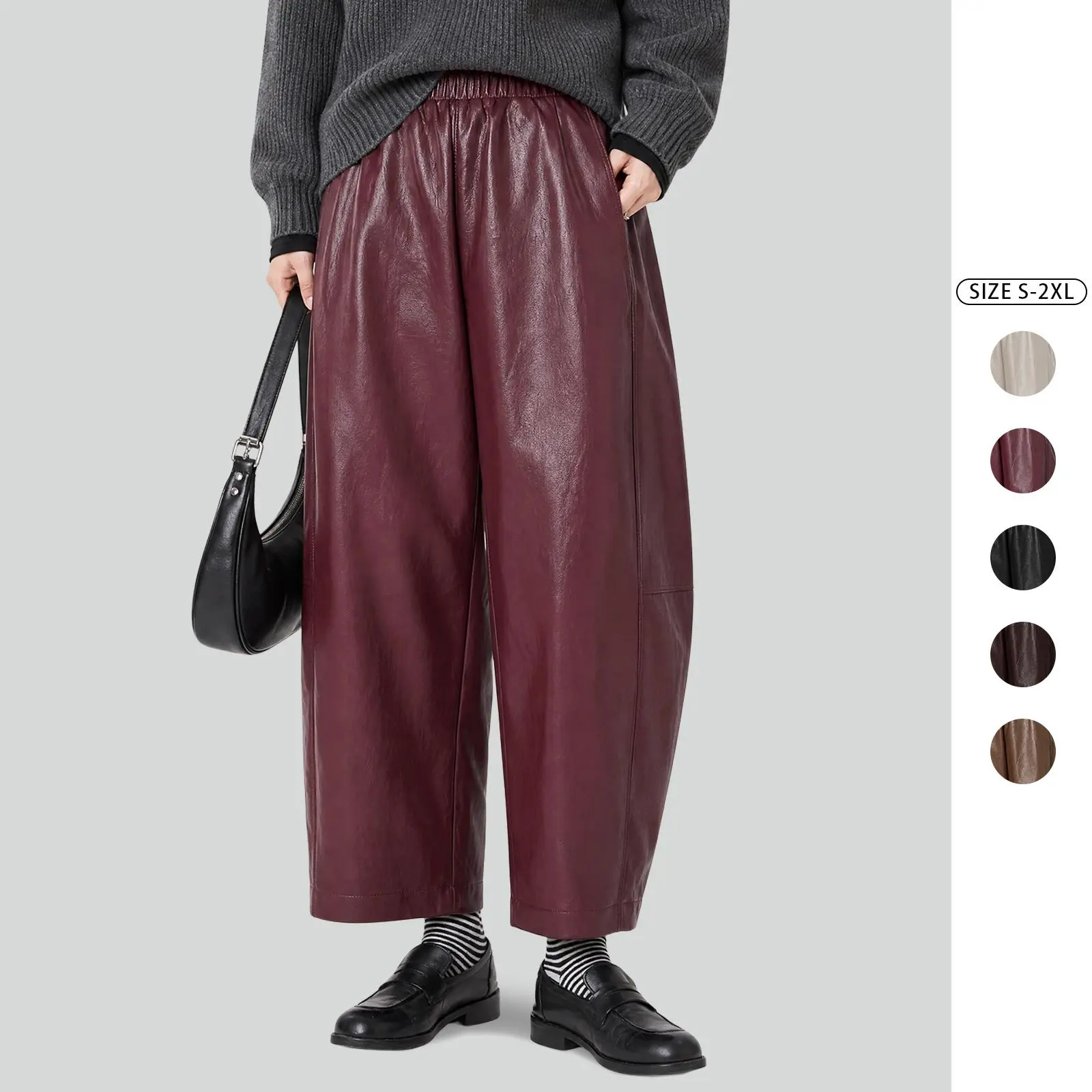 Imily Bela Women’s Burgundy Faux Leather Curved Leg Pants – High Waist Elastic Waist Scimitar Pants for Fall Streetwear