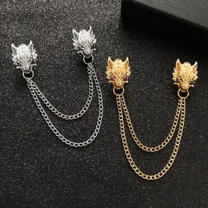 Vintage Dragon Head Pixiu Collar Pin with Chain 8.7cm, Creative Alloy Men’s Suit Brooch, Lucky Beast Statement Lapel Accessory for Business & Daily Wear