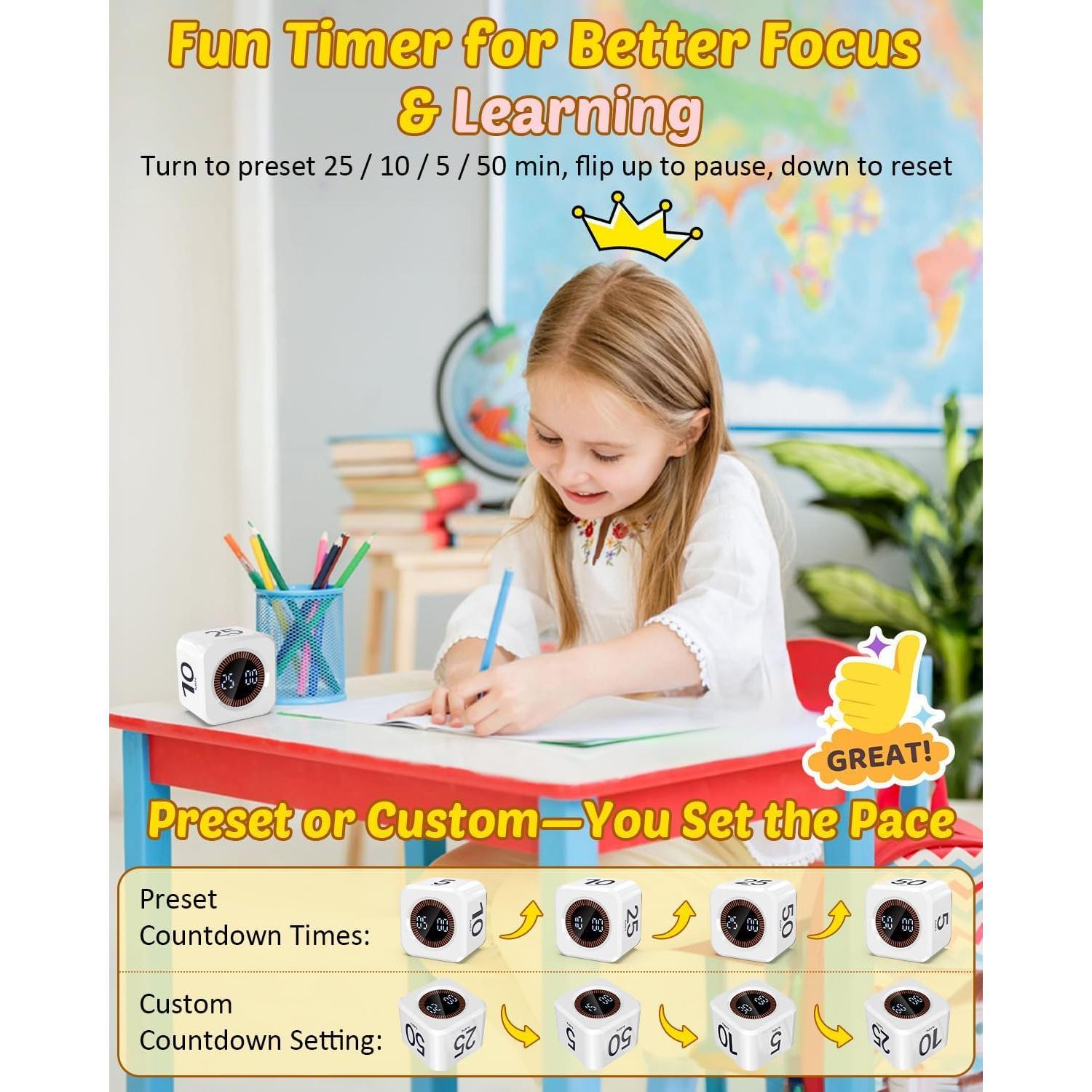 Pomodoro Timer Cube Visual Productivity Flip Timer for  Classroom Desk, 5/10/25/50min& Custom Countdown, Silent&Sound Mode Digital Cube for  Study Work School  Kitchen (White)