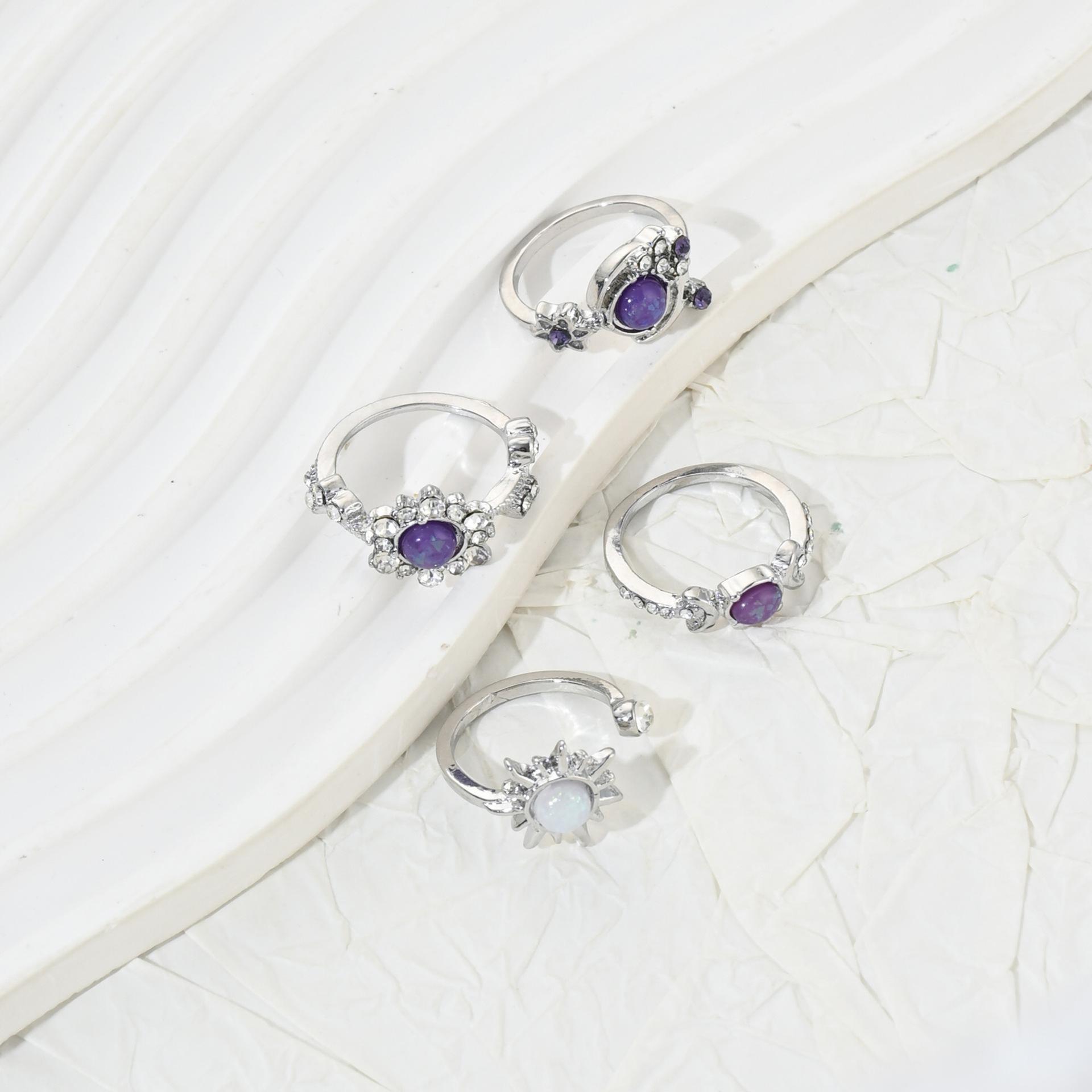 Women's Sun & Moon Gemstone Ring Set Trendy Geometric Stackable Jewelry with Sparkling Crystal Accents for Daily Wear and Parties