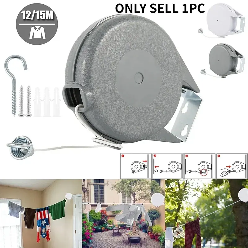 Retractable Clothesline 12m Portable Heavy Duty Indoor and Outdoor Washing Line PVC Retracting Clothes Line with Wall Mount Hang Wall Mounted Clotheslines