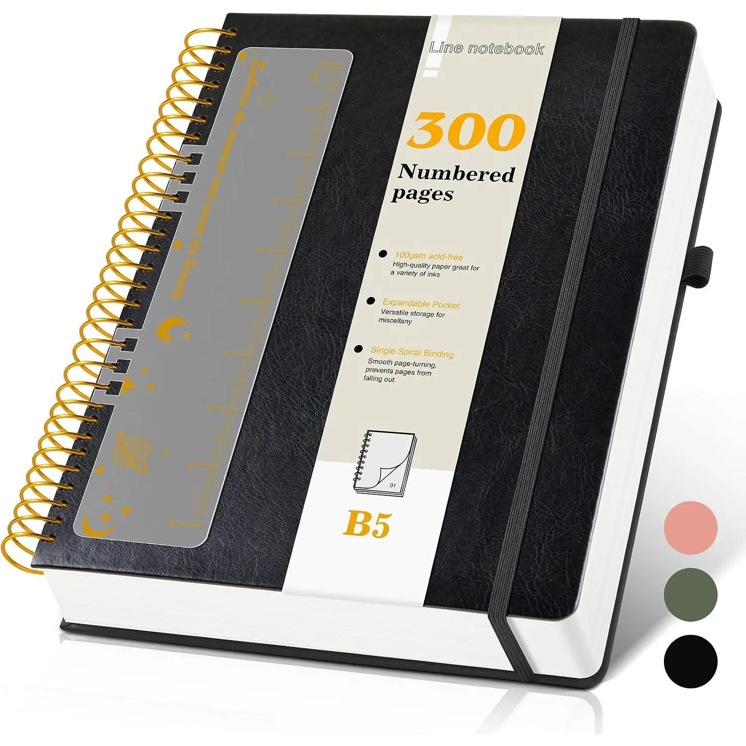 B5 Spiral Notebook Journal 7.6” x 10”, 300 Numbered Pages Hardcover Leather Journals for Women Men, Large Lined College Ruled Notebooks, 100GSM Thick Paper, Spiral Bound Journal for Work School, Black