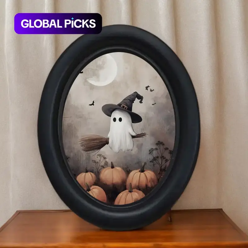Vintage Halloween Ghost Wall Art, Wall Decor Pictures, Handmade Oval Wooden Frame, Spooky Witch Hat Design, Perfect for Christmas and Thanksgiving Home Decor #GLOBAL PICKS