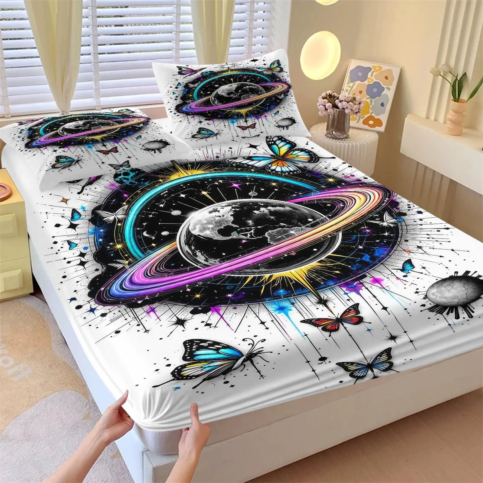 Colorful Galaxy Butterfly Print Fitted Sheet Set 1 Fitted Sheet & 2 Pillowcase No Filling Soft Microfiber Bed Sheet Set Aesthetic Bedroom Decor Gift for Teens Adults Home Dorm Hotel Use