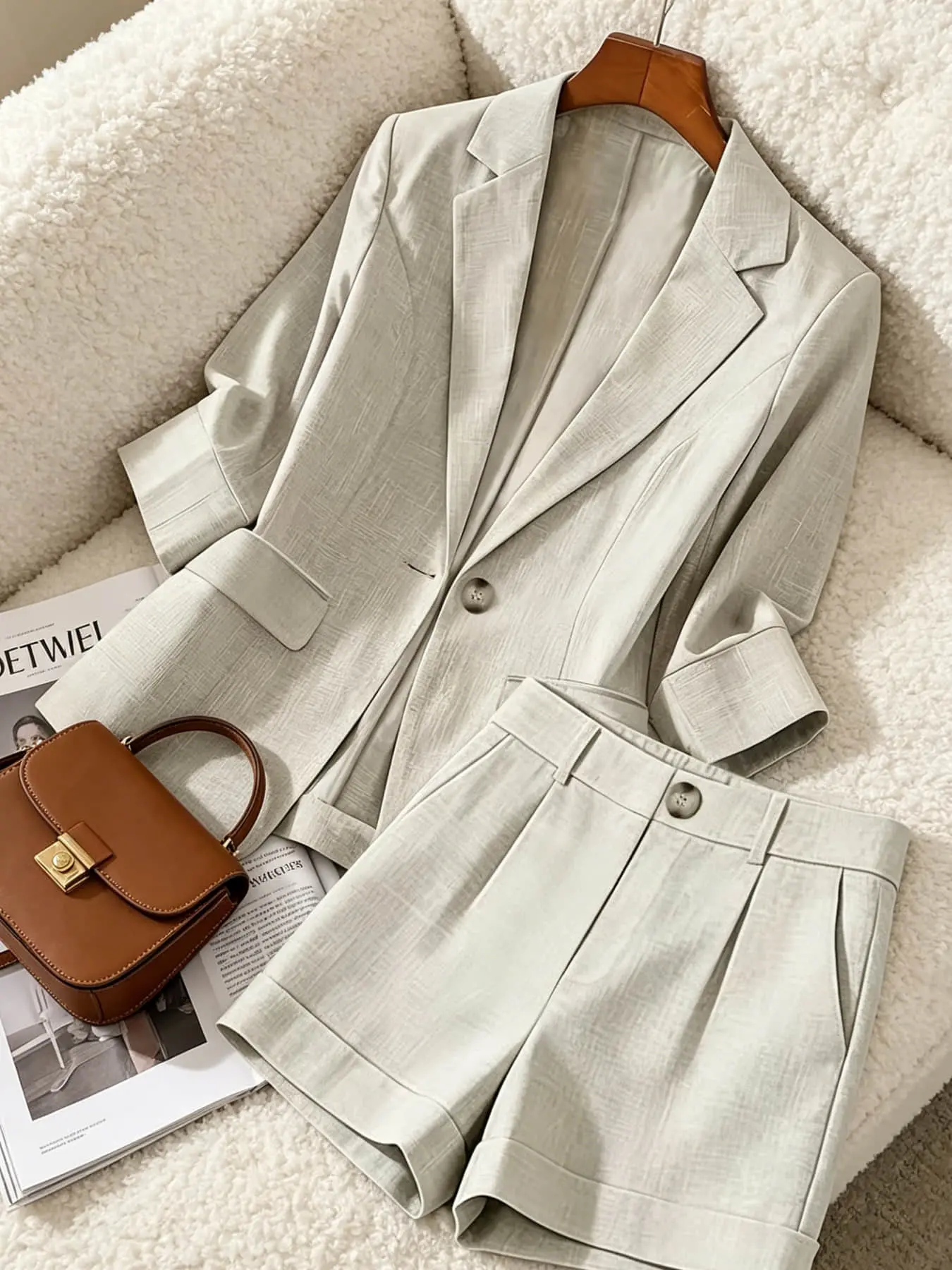 Two piece fashionable and luxurious women's lapel single button formal casual suit top+rolled edge suit shorts suitable for summer work, commuting, weekends, exploring stores, viewing exhibitions, clocking in suit set