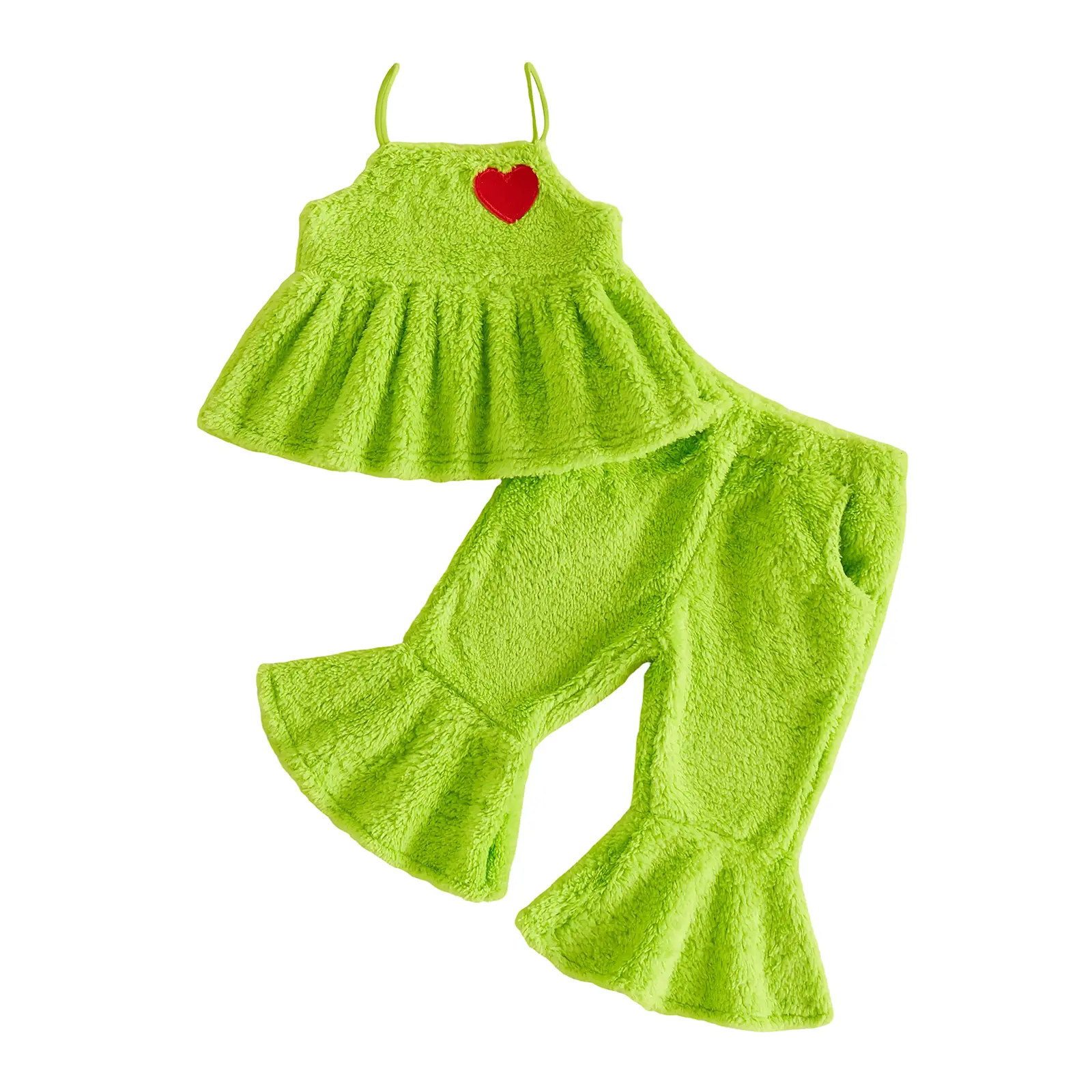 Toddler Baby Little Girls Christmas Outfit Heart Embroidery Green Fuzzy Camisole & Flared Pants Set Fall Winter 6M-5T