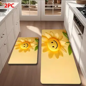 2/3pcs Flannel Kitchen Mat Set, Warm Gradient, Smiley Sunflower Design, Non-Slip, Absorbent, Home Decor