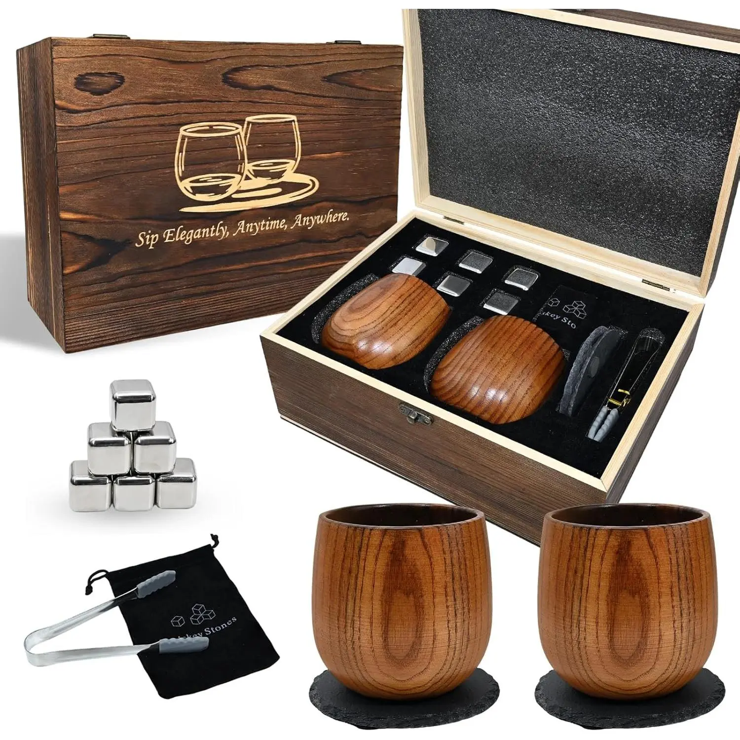 Charred Wooden  Drinking Glass 300 ML Set with  Stones,  Box, Tongs & Coasters – Unbreakable Oak  Cups for  Lovers, Ideal  for Dad, Men, Husband