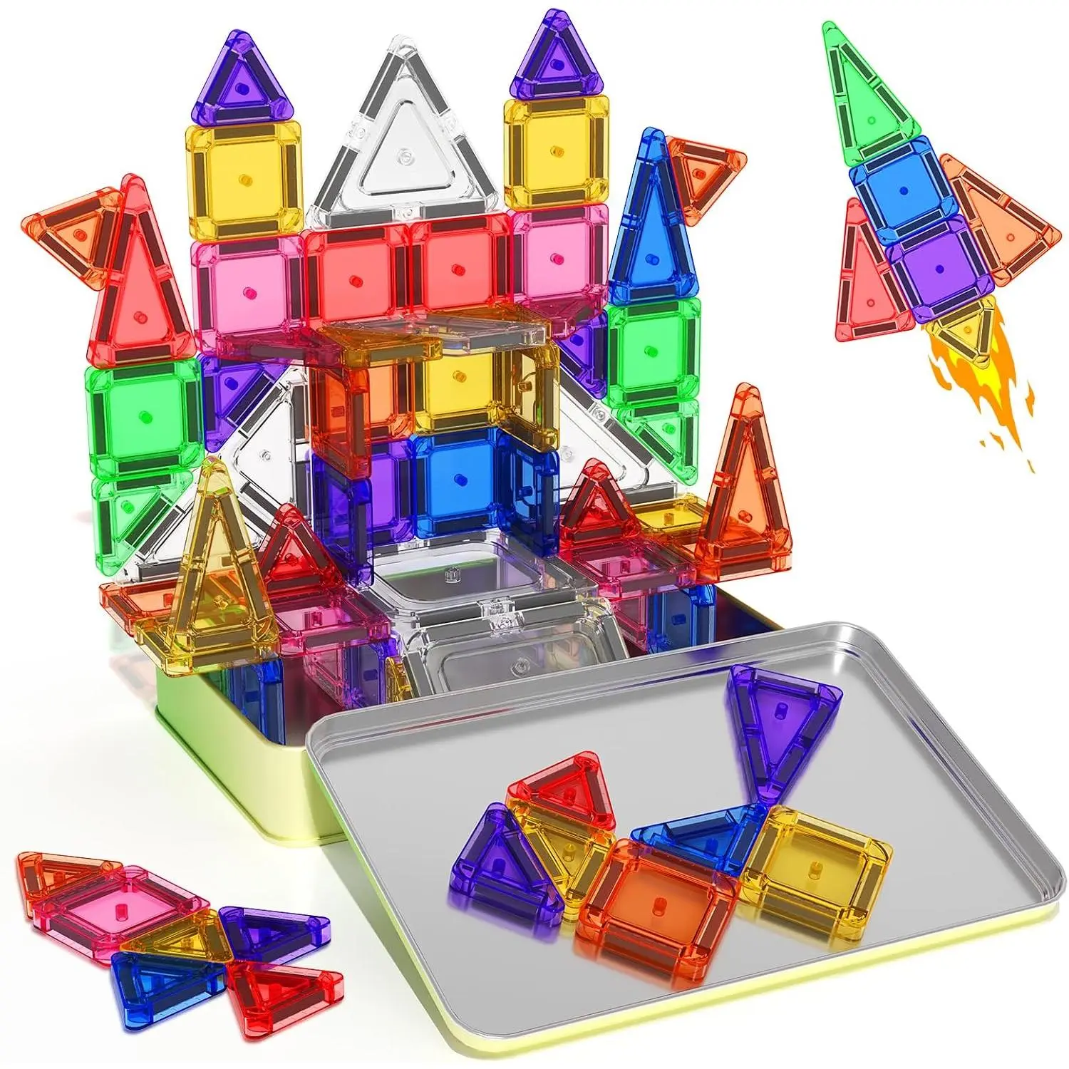 65PCS Mini Travel Magnetic Tiles with Case Set - Toddler Essentials Montessori Toys, Magnetic Building Blocks with Triangles, Sensory Learning Games for 3+ Year Olds Birthday Gifts