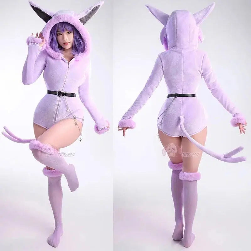 Anime Espeon Cosplay Costumes Women Sexy Hooded Bodysuit Tail Socks Suit Cute Cartoon Flannel Pajamas Bunny Girl Plush Jumpsuit