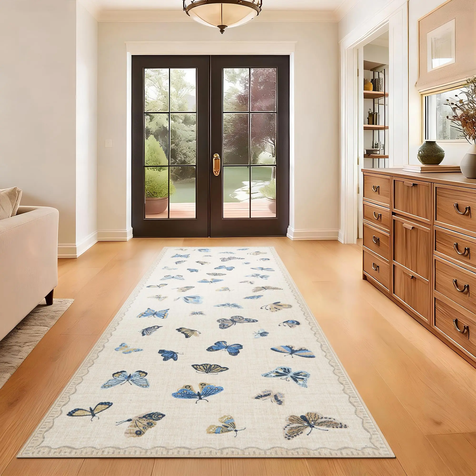 Garvee Butterfly Area Rug 2x6, No Slip Washable Rug, Modern Bedroom Rug Under Bed Ultra Carpet, Low-Profile Rugs for Living Room Bedroom Dining Room, Khaki
