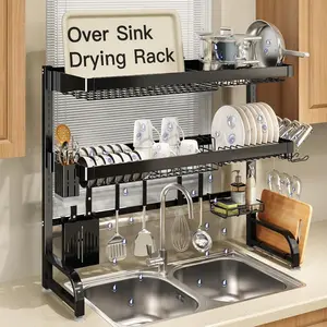 3 Tier  Stainless Steel Expandable Over The Sink Dish Drainer Drying Rack, Rust Proof Metal, Space Saving, Modern Black Big Capacity Extendable Plate Strainers Above Kitchen Counter